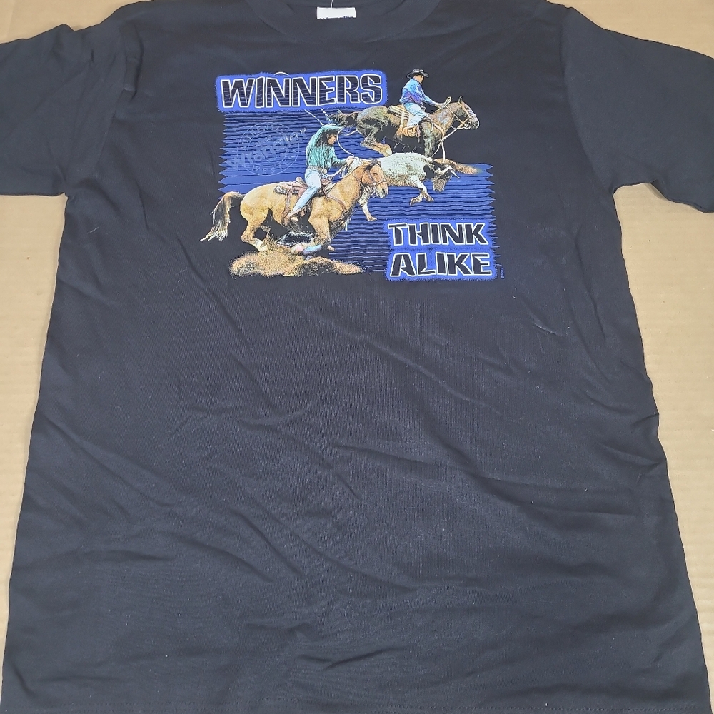 VTG‎ Y2k 2002 WRANGLER Kids XL 14-16  T SHIRT Winners Think Alike Calf Roping - Picture 2 of 11